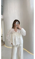 Elera Püskül Dokulu Bağlamalı Gömlek - Ekru - Kod: 2248