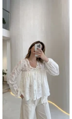 Elera Püskül Dokulu Bağlamalı Gömlek - Ekru - Kod: 2248