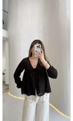 Elera Püskül Dokulu Bağlamalı Gömlek - Acı Kahve - Kod: 2248