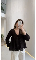 Elera Püskül Dokulu Bağlamalı Gömlek - Acı Kahve - Kod: 2248