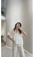 Çizgili Balon Kol Bağlamalı Bluz - Ekru - Kod: 1057