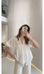 Çizgili Balon Kol Bağlamalı Bluz - Ekru - Kod: 1057