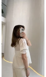 Çizgili Balon Kol Bağlamalı Bluz - Ekru - Kod: 1057