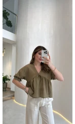 Çizgili Balon Kol Bağlamalı Bluz - Haki - Kod: 1057