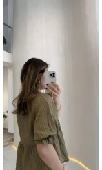 Çizgili Balon Kol Bağlamalı Bluz - Haki - Kod: 1057