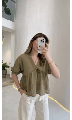 Çizgili Balon Kol Bağlamalı Bluz - Haki - Kod: 1057