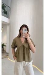 Çizgili Balon Kol Bağlamalı Bluz - Haki - Kod: 1057