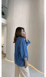 Düşük Omuzlu Modal Gömlek - Saks Mavisi - Kod:5050