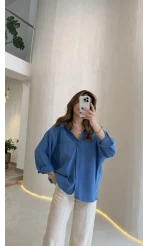 Düşük Omuzlu Modal Gömlek - Saks Mavisi - Kod:5050