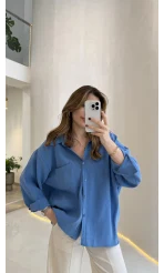 Düşük Omuzlu Modal Gömlek - Saks Mavisi - Kod:5050