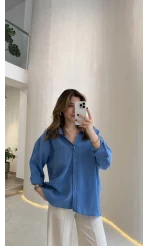 Düşük Omuzlu Modal Gömlek - Saks Mavisi - Kod:5050