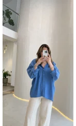 Düşük Omuzlu Modal Gömlek - Saks Mavisi - Kod:5050