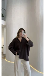 Düşük Omuzlu Modal Gömlek - Kahverengi - Kod:5050