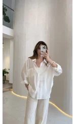 Düşük Omuzlu Modal Gömlek - Beyaz - Kod:5050