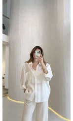 Düşük Omuzlu Modal Gömlek - Beyaz - Kod:5050