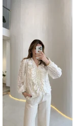 Alina Fırfırlı Püskül Bluz - Ekru - Kod: 1076