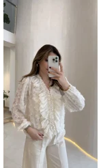 Alina Fırfırlı Püskül Bluz - Ekru - Kod: 1076