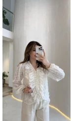 Alina Fırfırlı Püskül Bluz - Ekru - Kod: 1076