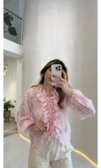 Alina Fırfırlı Püskül Bluz - Pembe - Kod: 1076