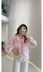 Alina Fırfırlı Püskül Bluz - Pembe - Kod: 1076