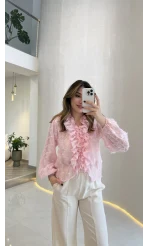 Alina Fırfırlı Püskül Bluz - Pembe - Kod: 1076