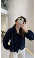 Alina Fırfırlı Püskül Bluz - Lacivert - Kod: 1076