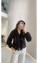 Alina Fırfırlı Püskül Bluz - Acı Kahve - Kod: 1076