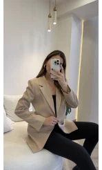 Taşlı Vatkalı Blazer Ceket - Bej - Kod: 98044