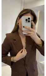 Taşlı Vatkalı Blazer Ceket - Kahverengi - Kod: 98044