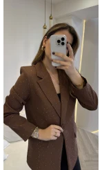 Taşlı Vatkalı Blazer Ceket - Kahverengi - Kod: 98044