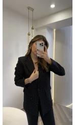 Taşlı Vatkalı Blazer Ceket - Siyah - Kod: 98044