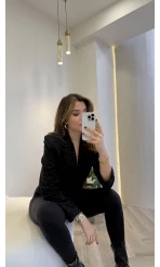 Taşlı Vatkalı Blazer Ceket - Siyah - Kod: 98044