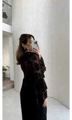 Peaches İçi Askılı Body Dokulu Fırfırlı Bağlamalı Bluz - Acı Kahve - Kod: 0908