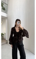 Peaches İçi Askılı Body Dokulu Fırfırlı Bağlamalı Bluz - Acı Kahve - Kod: 0908