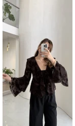 Peaches İçi Askılı Body Dokulu Fırfırlı Bağlamalı Bluz - Acı Kahve - Kod: 0908