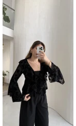 Peaches İçi Askılı Body Dokulu Fırfırlı Bağlamalı Bluz - Siyah - Kod: 0908