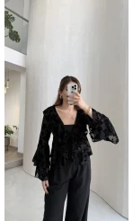 Peaches İçi Askılı Body Dokulu Fırfırlı Bağlamalı Bluz - Siyah - Kod: 0908