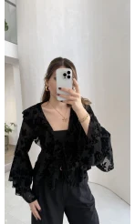 Peaches İçi Askılı Body Dokulu Fırfırlı Bağlamalı Bluz - Siyah - Kod: 0908