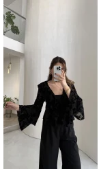 Peaches İçi Askılı Body Dokulu Fırfırlı Bağlamalı Bluz - Siyah - Kod: 0908