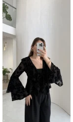 Peaches İçi Askılı Body Dokulu Fırfırlı Bağlamalı Bluz - Siyah - Kod: 0908