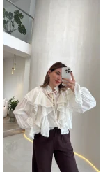 Cielo Fırfırlı Dantel Detay Bağlamalı Gömlek - Beyaz - Kod: 112250