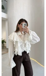 Cielo Fırfırlı Dantel Detay Bağlamalı Gömlek - Beyaz - Kod: 112250