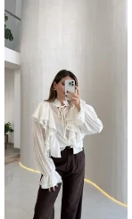 Cielo Fırfırlı Dantel Detay Bağlamalı Gömlek - Beyaz - Kod: 112250