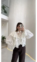 Cielo Fırfırlı Dantel Detay Bağlamalı Gömlek - Beyaz - Kod: 112250