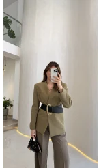 Geniş Kemerli Blazer Ceket - Haki - Kod: 0337