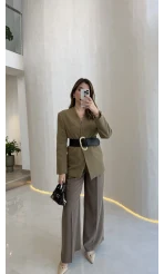 Geniş Kemerli Blazer Ceket - Haki - Kod: 0337