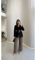 Geniş Kemerli Blazer Ceket - Siyah - Kod: 0337