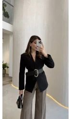 Geniş Kemerli Blazer Ceket - Siyah - Kod: 0337