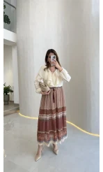 Beli Lastikli Etnik Desenli Astarlı Şifon Etek - Bohem - Kod: 6906