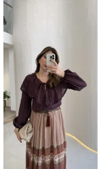 Bebe Yaka Dantel Detaylı Bluz - Mürdüm - Kod: 1571